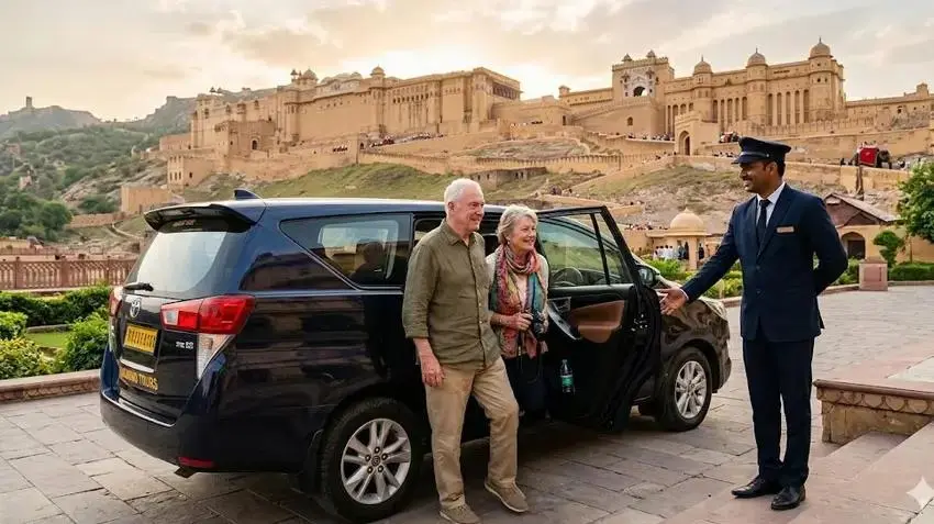 Couple arriving at Amber Fort with a private car in India