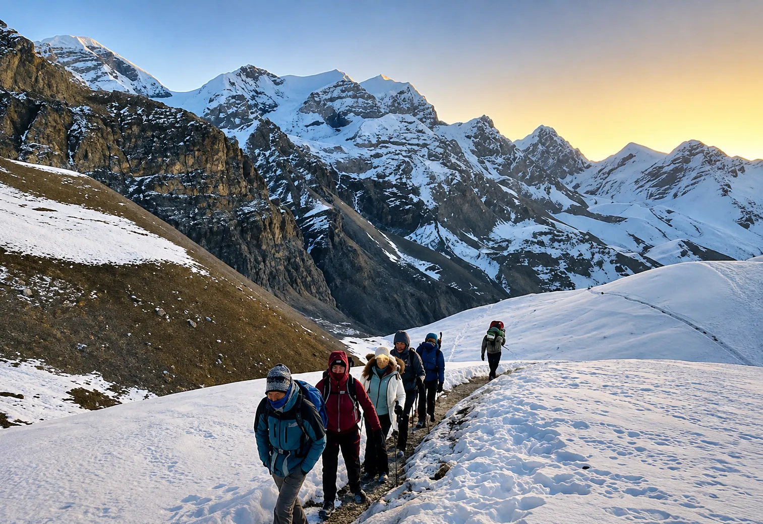 Trekkers hiking through a snow-covered Himalayan trail surrounded by majestic mountain peaks