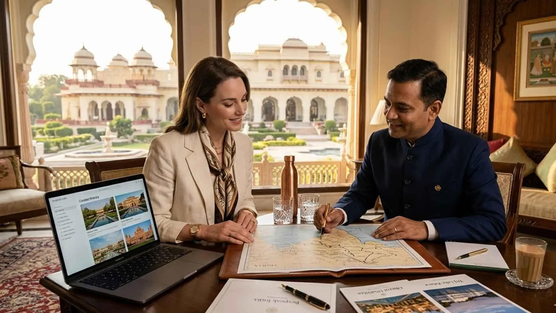 Travel advisor planning a tailor-made India itinerary with a client